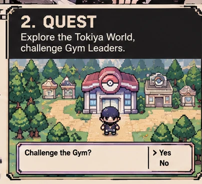 Illustrated preview of a Tokiya collector challenging a gym leader in a retro game battle